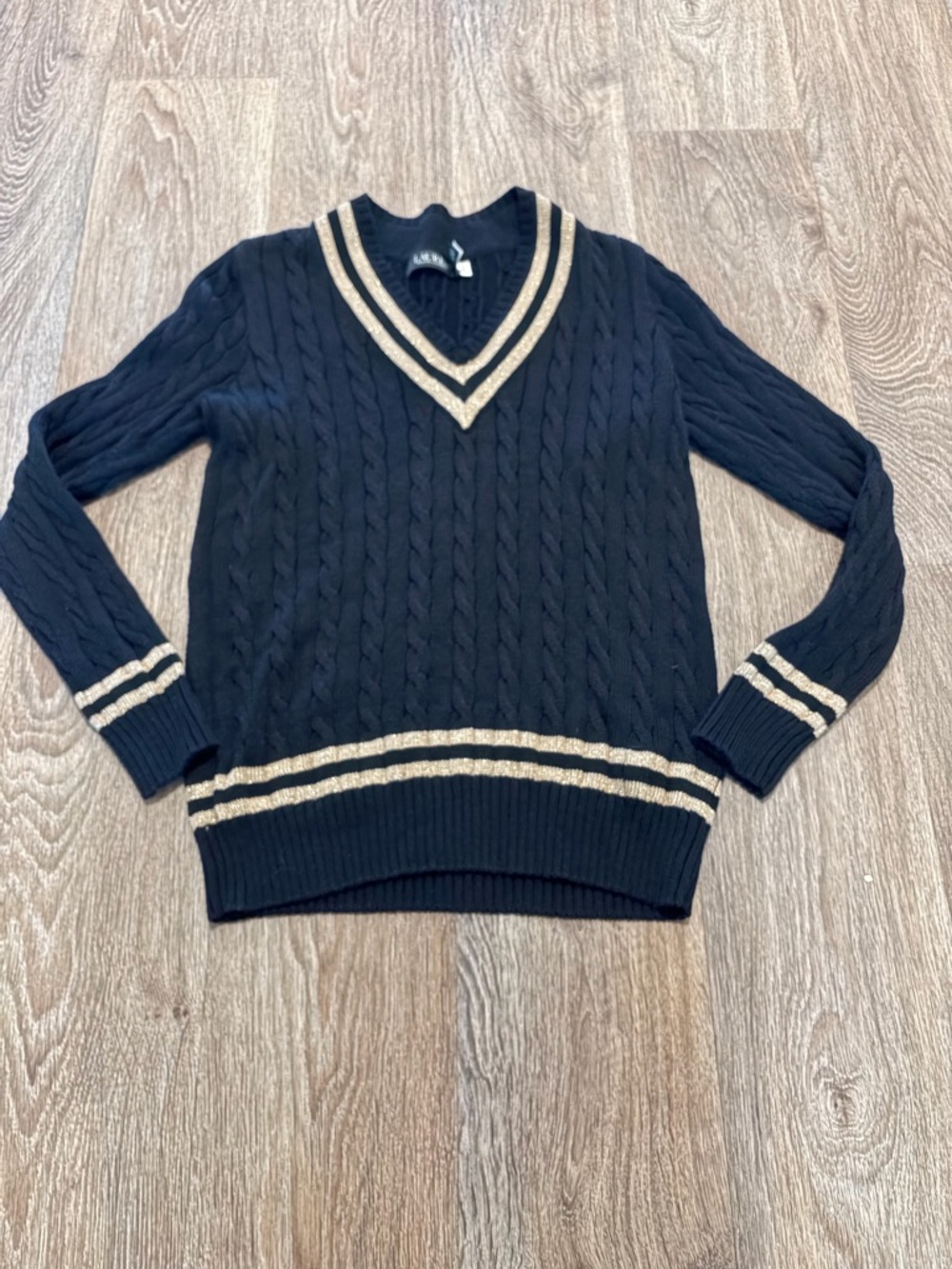 Ralph Lauren Black Cable-Knit V-Neck Sweater with Gold Trim